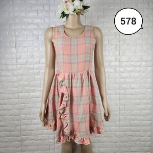 Small Plaid Mini Dress Zip Back Ruffle Hem Cute Casual Party Women Dress